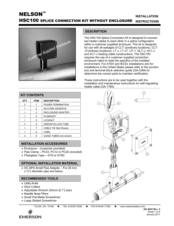 EMERSON Instruction Sheet GA-2443, HSC100 Splice Connection Kit Without Enclosure - Page 1