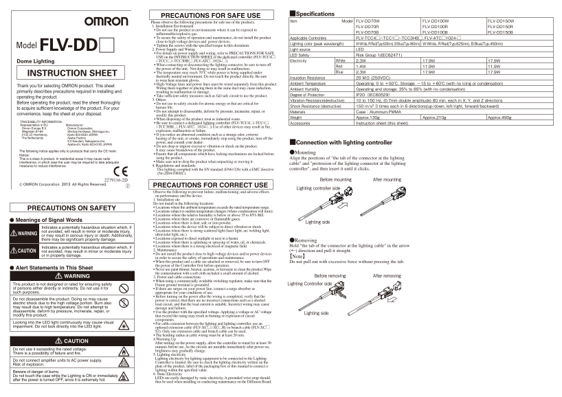 OMRON Sensor Image Processing System FH Series FLV-DD[]Dome Lighting Instruction Sheet - Page 1