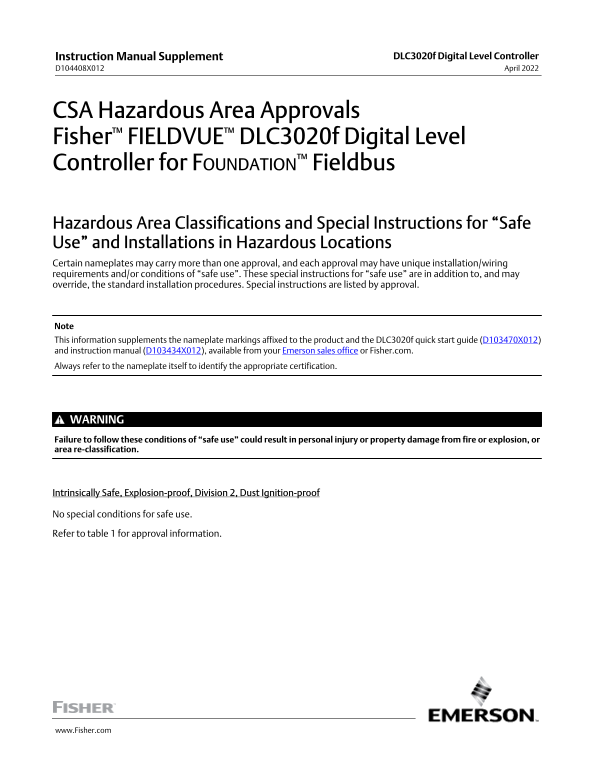 EMERSON IM Supplement CSA Hazardous Area Approvals - FIELDVUE DLC3020f Digital Level Controller - Page 1
