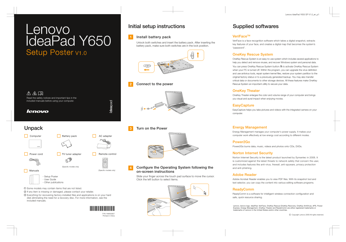 Lenovo IdeaPad Y650 Setup Poster V1.0 User Guide - Page 1