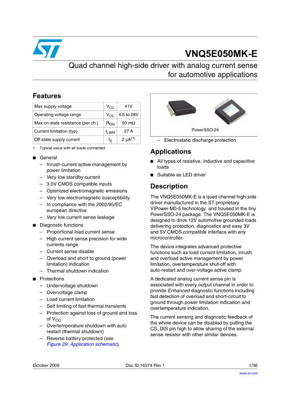 ST VNQ5E050MK-Quad Channel High-Side Driver with Analog Current Sense for Automotive Applications - Data Manual/Specifications/User Guide - Page 1