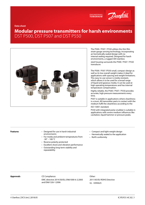 Danfoss DST P500 and P550 Pressure Transmitters Datasheet - Page 1