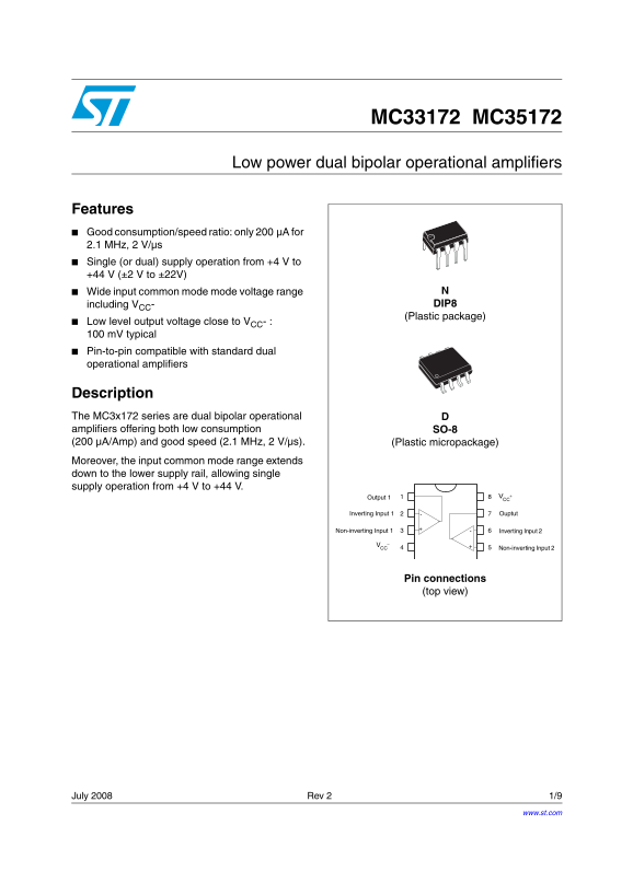 ST MC33172 MC35172 Low power dual bipolar operational amplifiers User's Manual and Data Sheet - Page 1