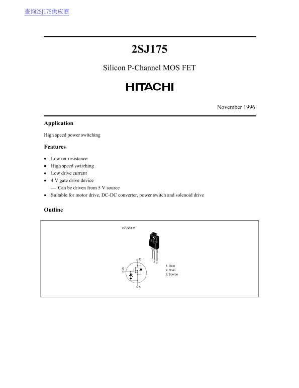 HITACHI 2SJ175 Silicon P-Channel MOS FET Data Sheet - Page 1