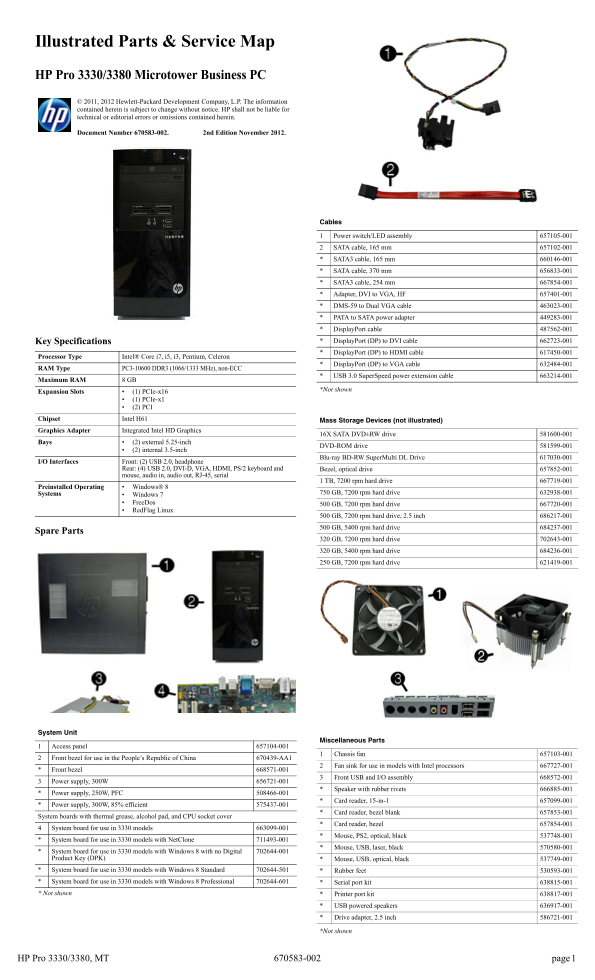 Illustrated Parts & Service Map for HP Pro 3380 Microtower Business PC - Page 1