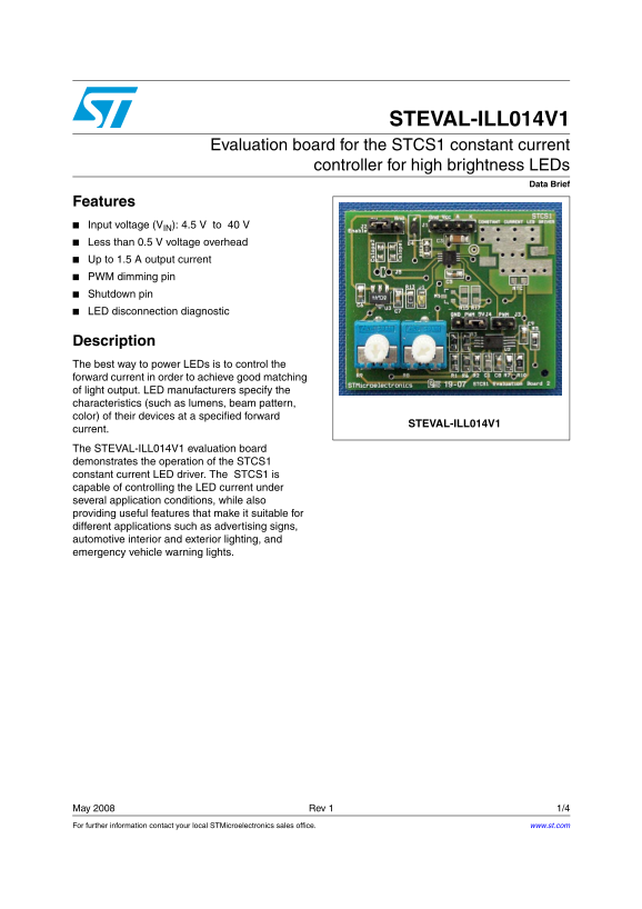 ST STEVAL-ILL014V1 Evaluation Board User Manual - for the STCS1 Constant Current Controller for High Brightness LEDs - Page 1