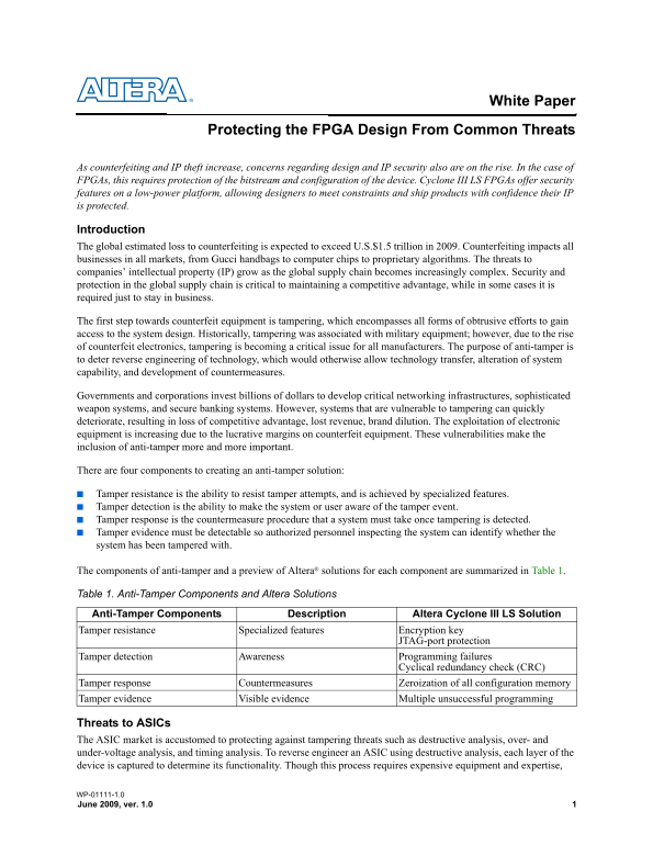 Intel White Paper Protecting FPGA Designs from Common Threats - Page 1