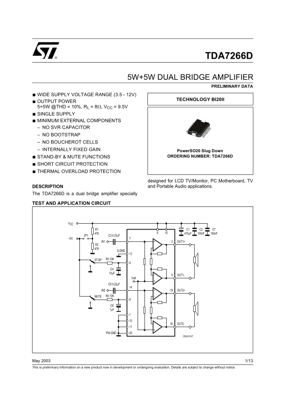ST TDA7266D Dual Bridge Amplifier Data Sheet - Page 1