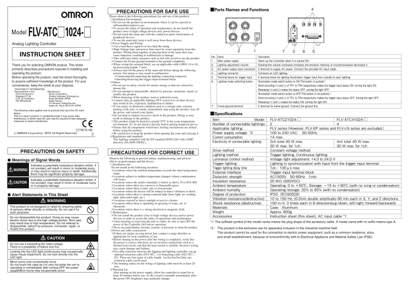 OMRON Sensor Image Processing System FH Series FLV-ATC[]1024-[] Analog Lighting Controller Instruction Sheet - Page 1