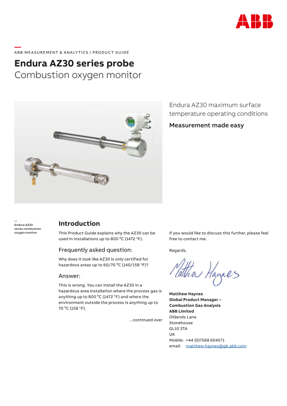 ABB Product Guide - Endura AZ30 Series Probe. Combustion Oxygen Monitor Endura AZ30 Maximum Surface Temperature Operating Conditions - Page 1