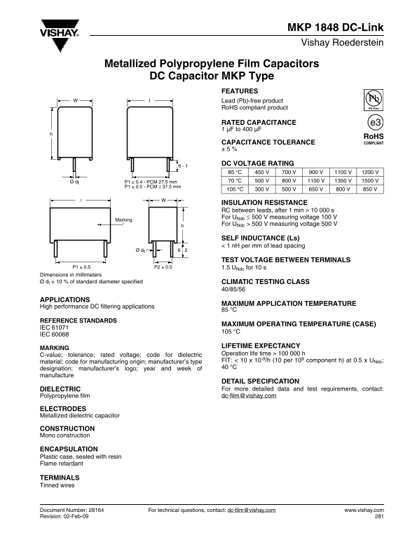 Vishay Roederstein MKP 1848 DC-Link Metallized Polypropylene Film Capacitors User Manual and Specifications - DC Capacitor, MKP Type. - Page 1