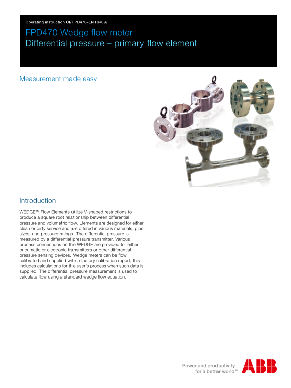 ABB Operating Instruction - FPD470 Wedge Flowmeter Differential Pressure – Primary Flow Element - Page 1