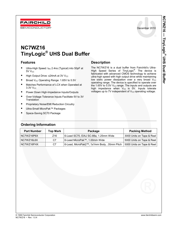 Fairchild NC7WZ16 TinyLogic UHS Dual Buffer Data Handbook - Page 1
