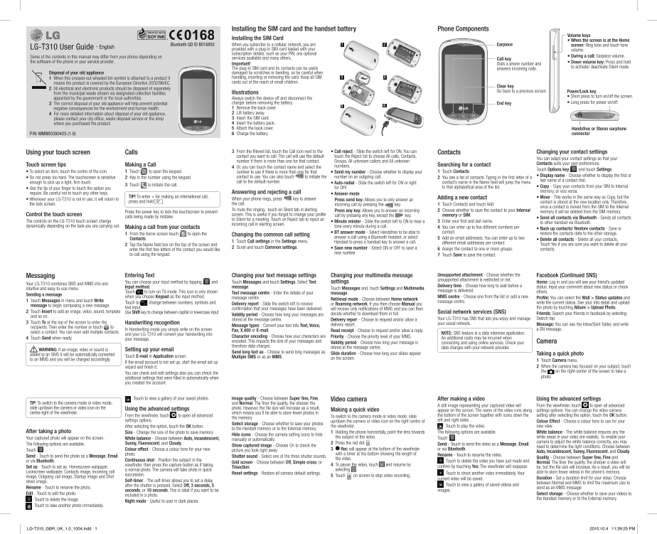 LG GT310.ACHNPK Product Specification User Guide UNITED KINGDOM - Page 1