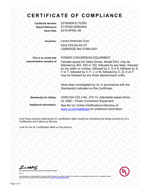 Lenze Inverters - Frequency inverters, SMV frequency inverters, SMV NEMA1 IP31 frequency inverters (Certifications and Declarations) - Page 1