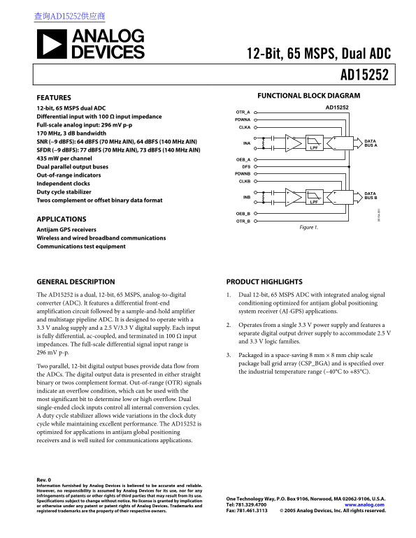 AD15252 12-Bit, 65 MSPS, Dual ADC Data Sheet - Page 1