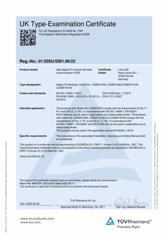 Lenze Safety Components: Safety Controllers - Safety Controller c250-S Certified and Declaration Certificate - UK Safety Engineering Type-Examination IO-Module C25BAYA (Language: EN) - Page 1