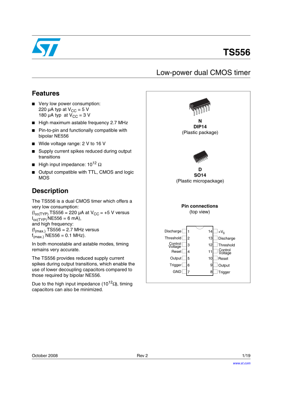 ST TS556 Low-power Dual CMOS Timer Data Sheet - Page 1