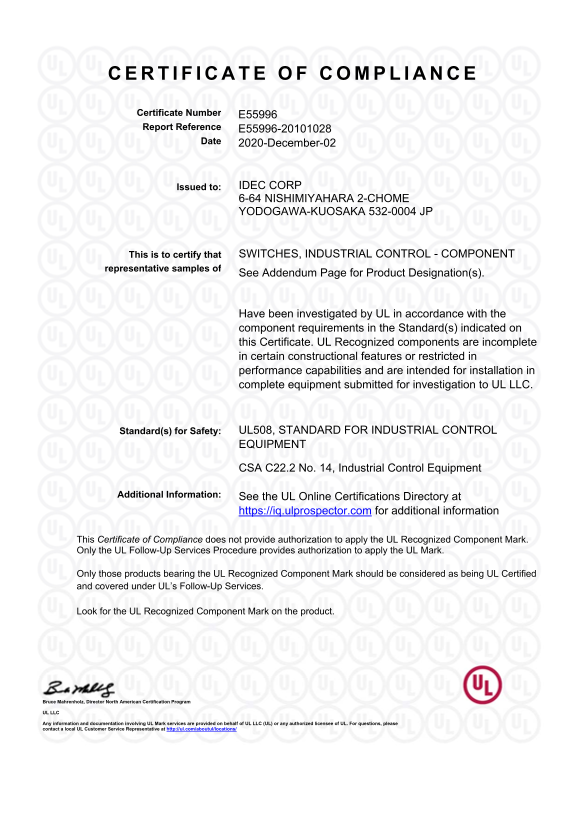 IDEC LB LBW (UL) Certification and Standards - Page 1