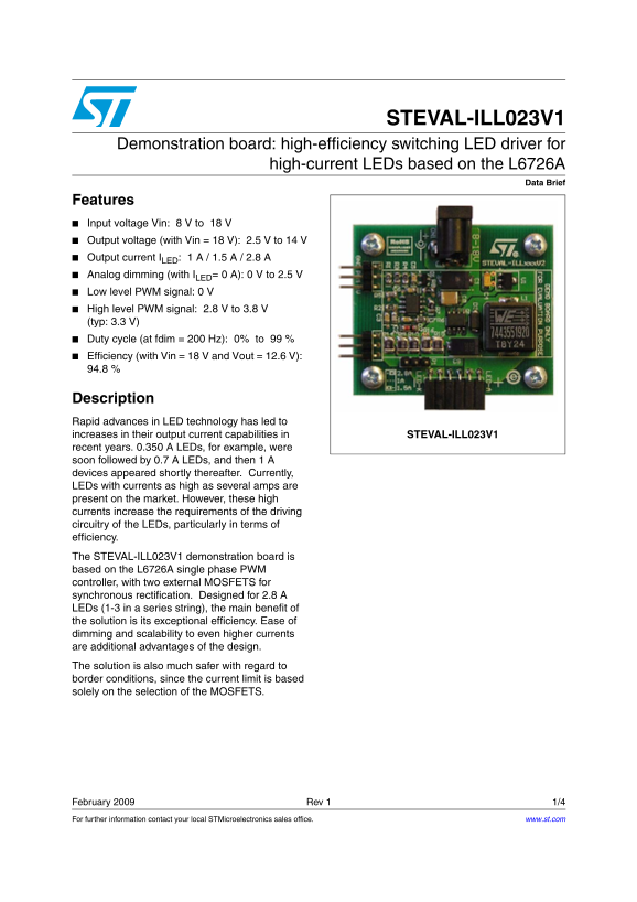 ST STEVAL-ILL023V1 Demonstration board high-efficiency switching LED driver for high-current LEDs based on the L6726A - Page 1