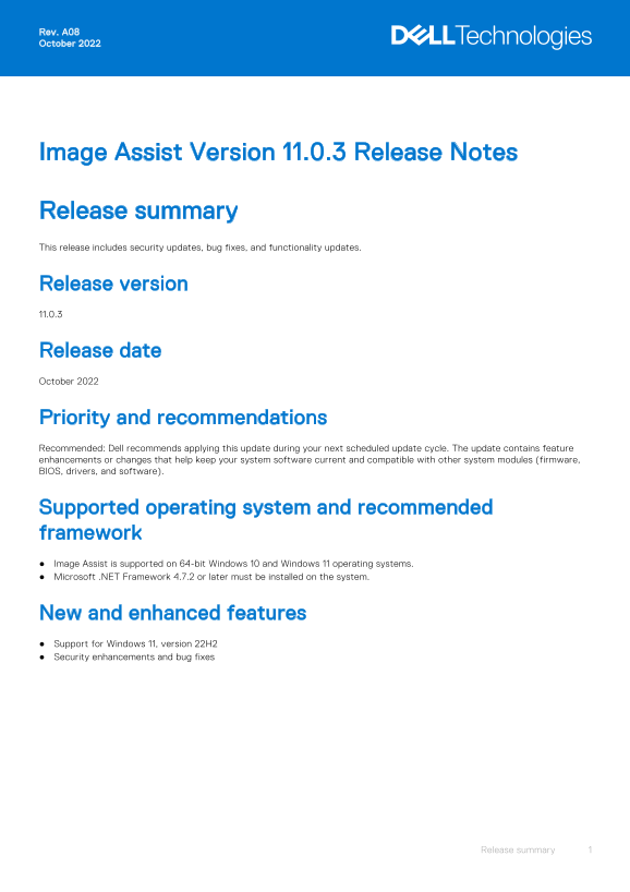 Dell Image Assist Version 11.0.3 Release Notes - Page 1