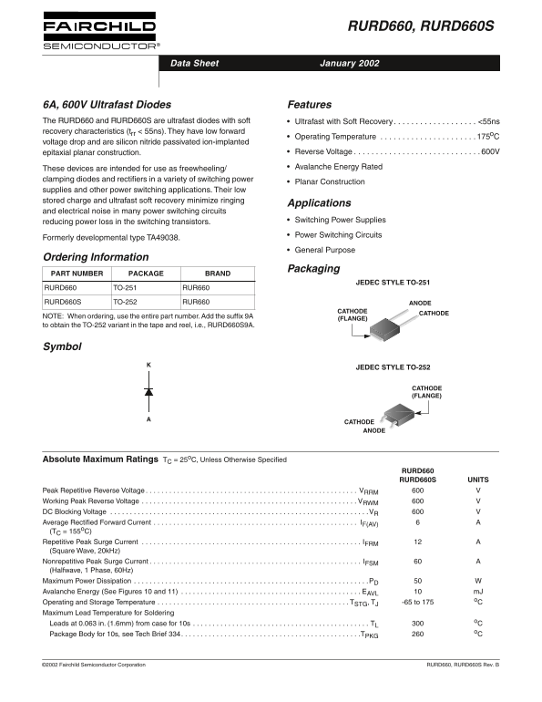 Fairchild RURD660, RURD660S 6A, 600V Ultrafast Diodes Data Sheet - Page 1