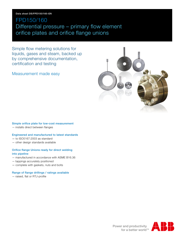 ABB Data Sheet - FPD150 160 Differential Pressure – Primary Flow Element Orifice Plates and Orifice Flange Unions - Page 1