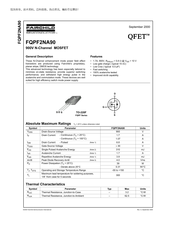 Fairchild FQPF2NA90 Data Handbook - Page 1