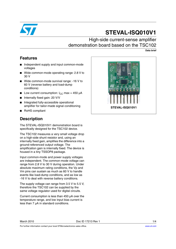 ST STEVAL-ISQ010V1 High-side Current-Sense Amplifier Demonstration Board Based on the TSC102 User Guide - Page 1
