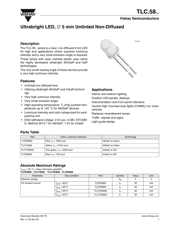 Vishay TLC.58.. Data Handbook - Page 1