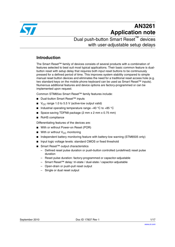 ST AN3261 Application Note - Dual Push-Button Smart Reset Devices with User_Adjustable Setup Delays - Page 1