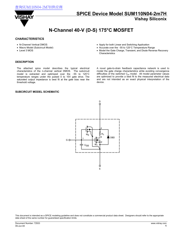 Vishay Spice Device Model SUM110N04-2m7H Data Sheet - Page 1