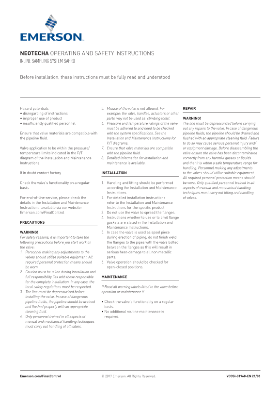 EMERSON Manuals Inline Sampling O&SI, Neotecha-EN - Page 1