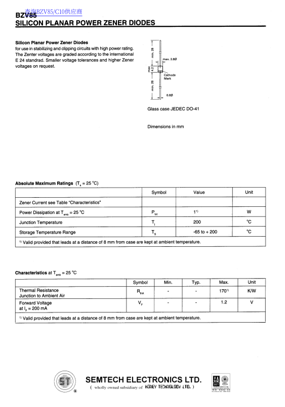 SEMTECH ELECTRONICS BZV 85... Silicon Planar Power Zener Diodes Specification Manual User Guide - Page 1