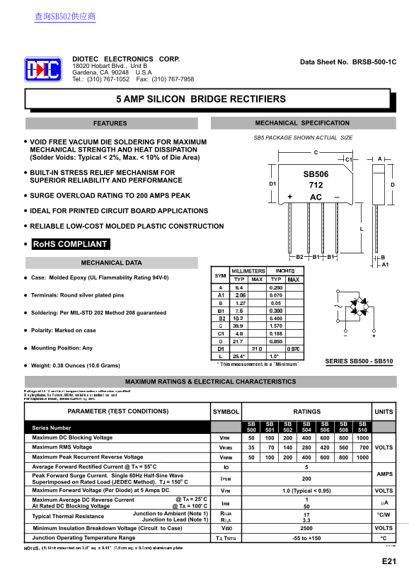 DIOTEC ELECTRONICS 5 AMP Silicon Bridge Rectifiers Data Sheet - Page 1