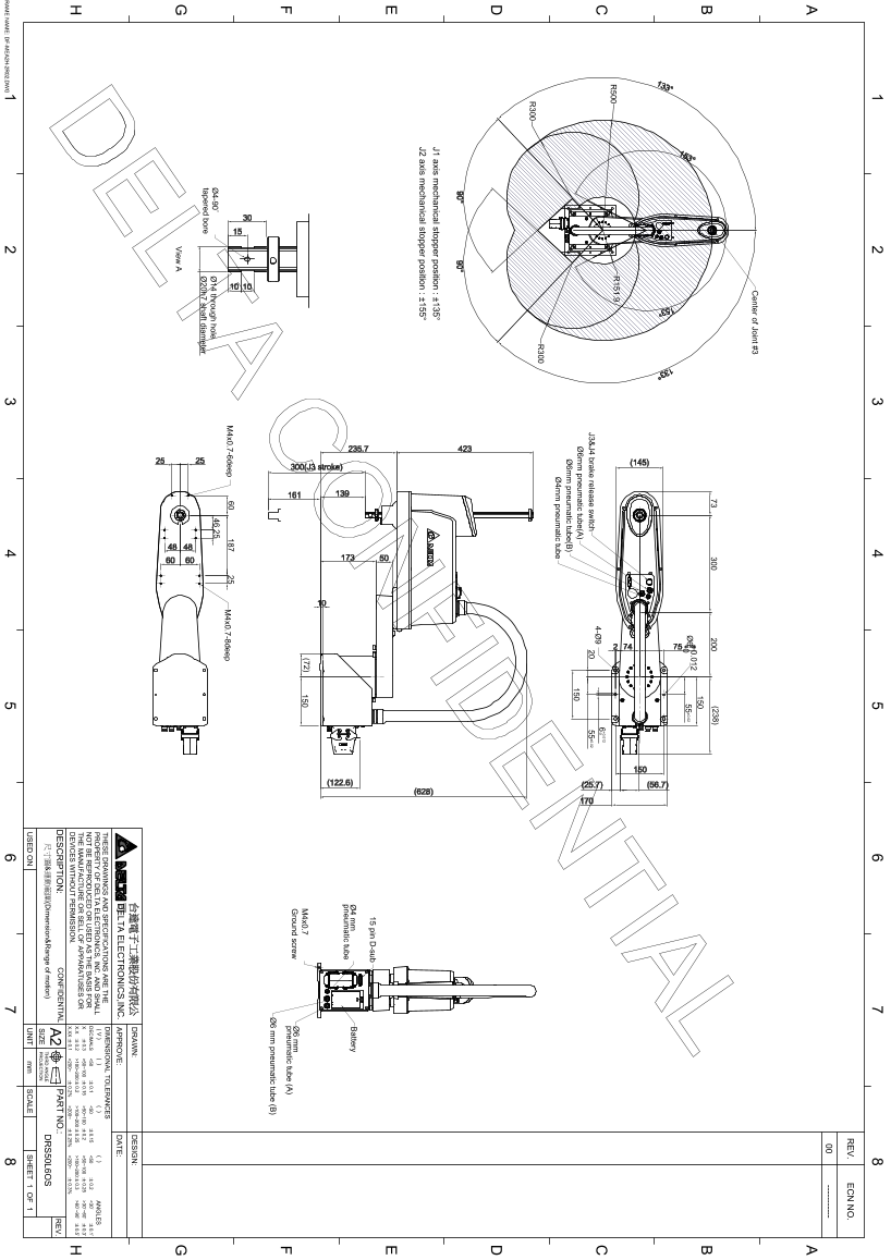 Delta DRS50L6OS Series Robot Appearance and Working Range Dimension Diagram - Page 1