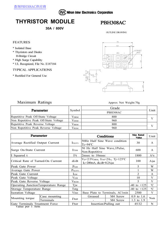 Nihon Inter Electronics PBH308AC Data Sheet / Manual - Page 1