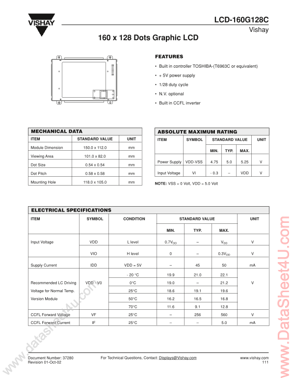 Vishay LCD-160G128C Data Sheet - Page 1