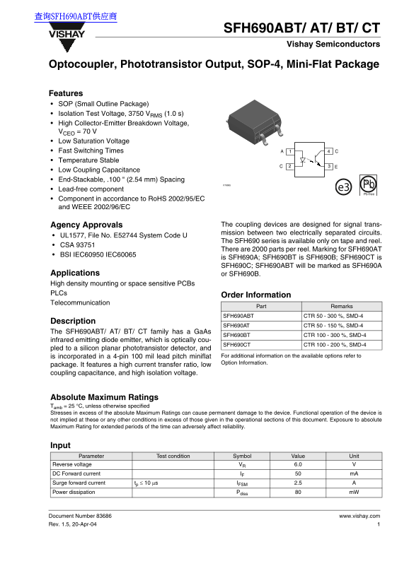 Vishay SFH690ABT AT BT CT Data Sheet - Page 1