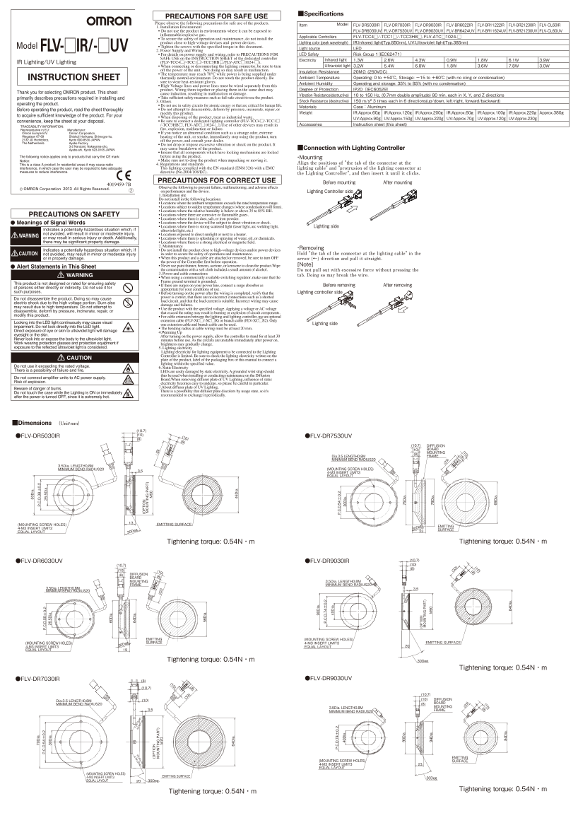 OMRON Sensor Image Processing System FZ5 Series FLV-[]IR []UVIR Lighting UV Lighting Instruction Sheet - Page 1