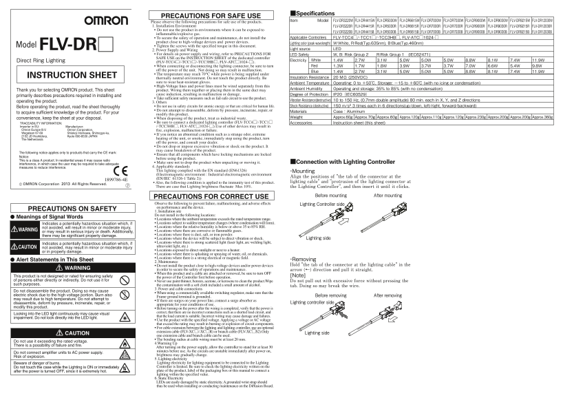 OMRON Sensor Image Processing System FH Series FLV-DR[]Direct Ring Lighting Instruction Sheet - Page 1