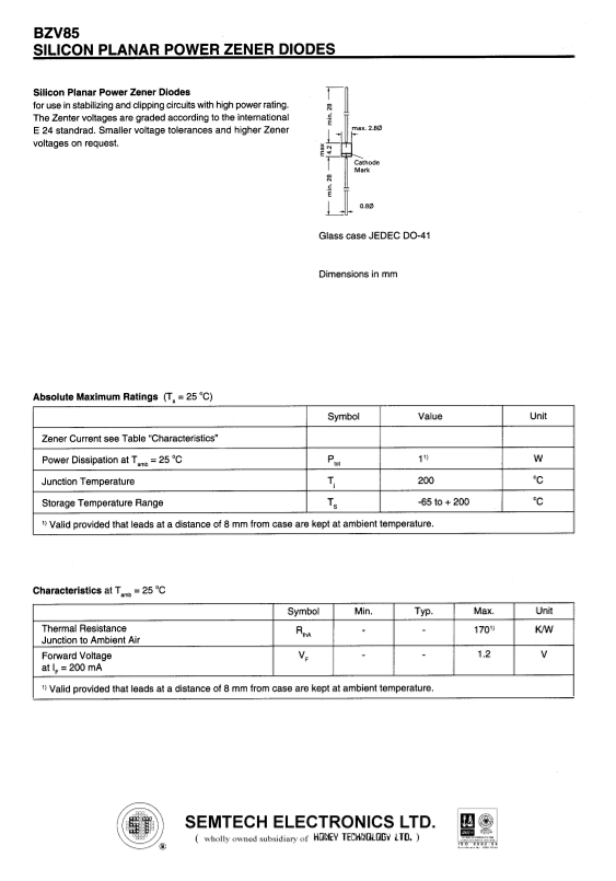 SEMTECH ELECTRONICS LTD BZV85 Data Sheet - Page 1