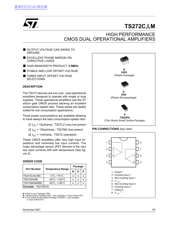 ST TS272C, I, M High Performance CMOS Dual Operational Amplifiers Data Sheet/Manual - Page 1