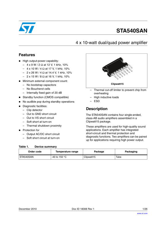 ST STA540SAN 4 x 10-watt dual quad power amplifier Data Sheet User Manual - Page 1