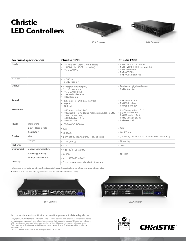 Christie E510 and E600 Controller Specsheet - Page 1
