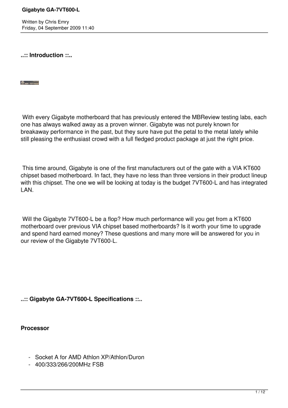 Gigabyte GA-7VT600-L User's Manual - Page 1