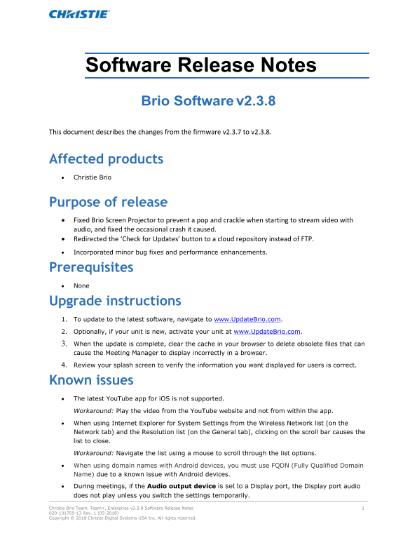 Christie Brio Software Release Notes - V2.3 - Page 1