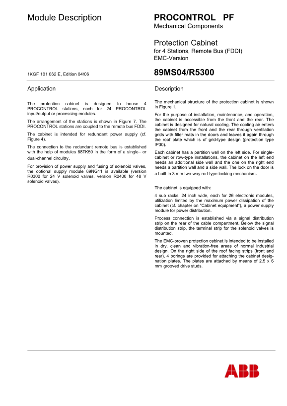 ABB Procontrol P14 89MS04 R5300 Protection Cabinet for 4 Stations, Remote Bus (FDDI) (EMC-Version) Manual - Page 1