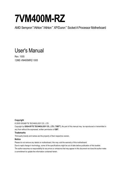 Gigabyte 7VM400M-RZ AMD Sempron/Athlon/Athlon XP/Duron Socket A Processor Motherboard User Manual - Page 1