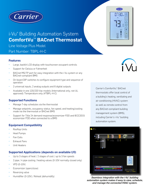 Carrier ComfortVu™ BACnet® Plus Thermostat TBPL-H-C ComfortVu™ BACnet Thermostats - Line Voltage Plus Models Product Data - Page 1